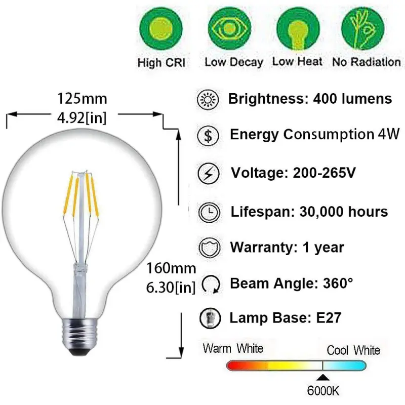Vintage Edison Light Bulb E27 Screw 4W Dimmable Decorative LED Light Bulbs LED Globe Light Bulbs Dimmable G125 Incandescent Light Bulb 40W Replacement