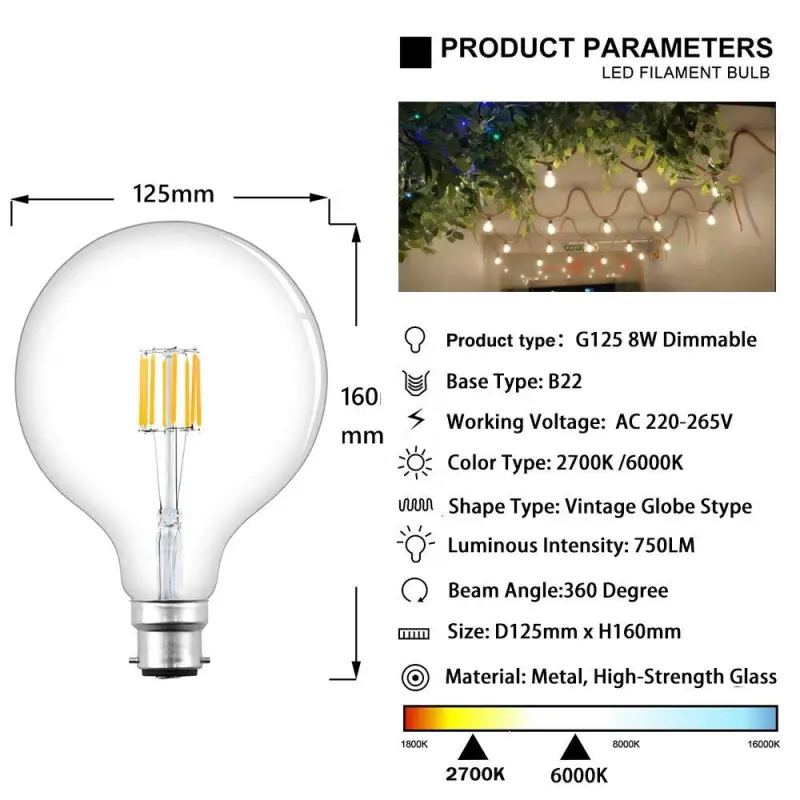 8W G125 B22 LED Filament Globe Bulb Dimmable 125mm Bayonet Cap BC LED Antique Edison Filament Bulb 70 Watt Incandescent Replacement(1-Pack)