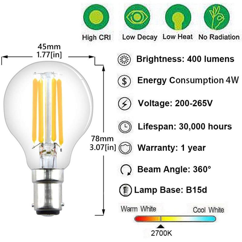 B15 Filament LED Bulb Dimmable SBC 4W LED Golf Ball Bulbs Small Bayonet Cap Dimmable Clear Classic Vintage Lights Halogen Bulb 35W-40W Replacements