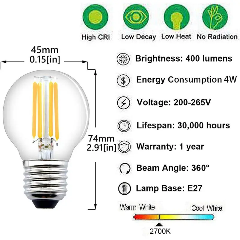Vintage Filament Bulb E27 4W Edison Bulbs Dimmable 40W Incandescent Bulb Replacement G45 Filament LED Light Globe Bulb Warm White 2700K (4-Pack)
