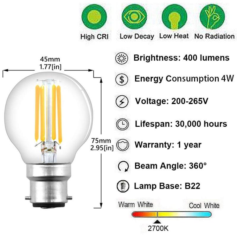 Dimmable B22 Bayonet 4W Classic Vintage Antique Bulbs B22 Dimmable, 40W Incandescent Bulb Replacement G45 Filament LED Light Globe Bulb (4-Pack)