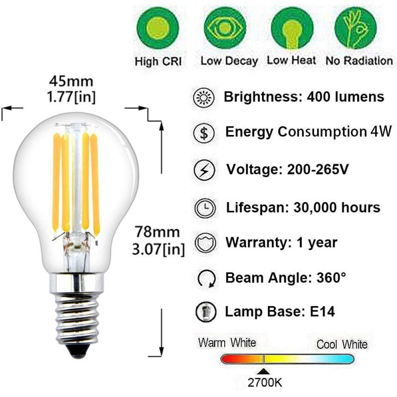 E14 LED Filament Mini Globe Bulb 4W G45 SES Edison Screw LED Bulb Vintage Filament Edison Bulb 40W Incandescent Equivalent (Non-dimmable, 4-Pack)