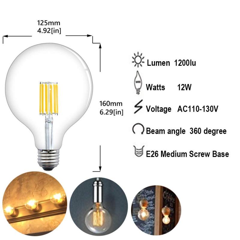 Bonlux 12W Dimmable G40 LED Edison Filament Bulb E26 Screw Base G125 Vintage LED Clear Glass Globe Light Bulb 120W Incandescent Replacement Bulb