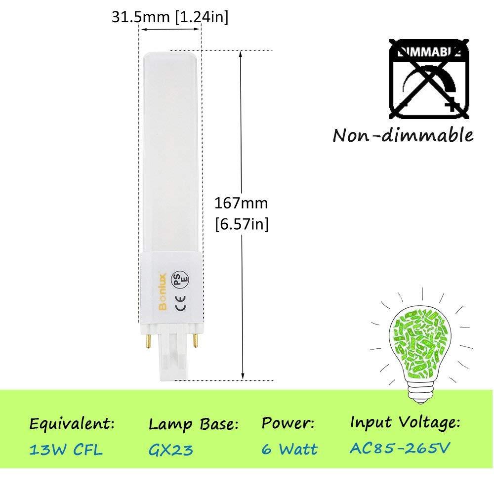 Bonlux 2-pack 6W GX23 LED light Bulbs 2-Pin LED PL Retrofit Lamp 13W GX23 Base CFL Replacement GX23 LED Tube PL Horizontal Recessed Down Light