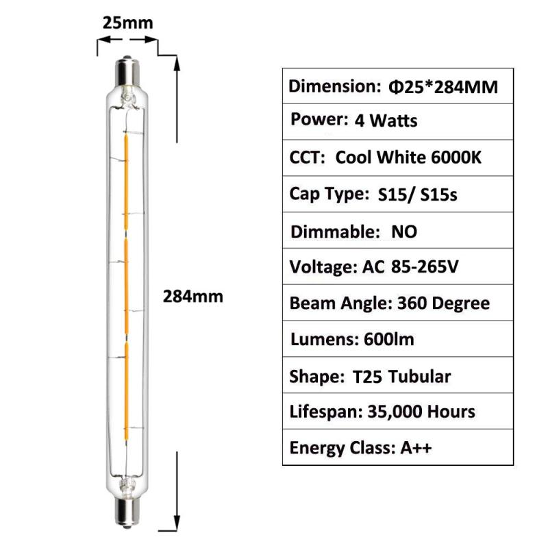 Bonlux 4W S15 284mm LED Light Bulbs 60W S15 Striplight Replacement T25 Tubular Lamp S15s Fitting LED Clear Filament Light bulb