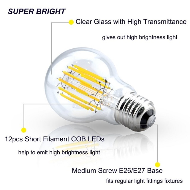 Lustaled 12W LED A19 Dimmable Filament Light Bulbs A60 LED Clear Glass Vintage Edison Style Lights Medium E26 Base  (4-Pack)