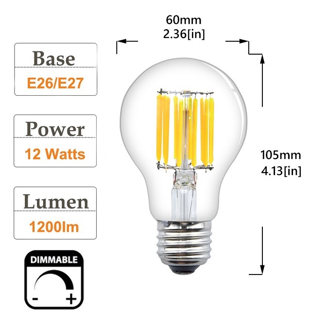 Lustaled 12W LED A19 Dimmable Filament Light Bulbs A60 LED Clear Glass Vintage Edison Style Lights Medium E26 Base  (4-Pack)