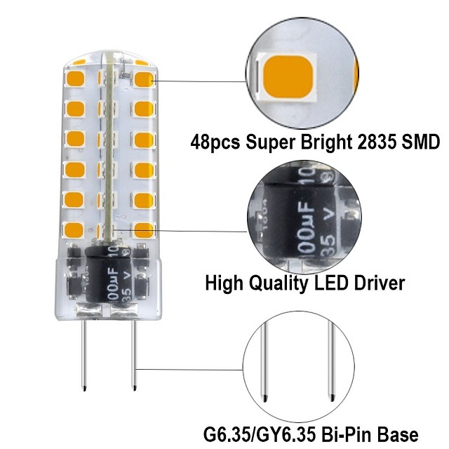 Aluxcia 3.5W AC/DC 12V G6.35 LED Light Bulb, G6.35/GY6.35 Bi-Pin Base T3 JC Type LED 35W Halogen Replacement Bulb ,4-Pack