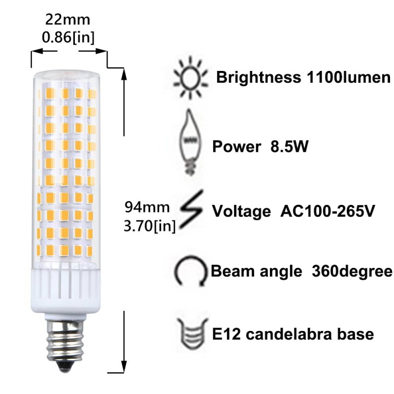 Luxvista Dimmable 8.5W E12 LED Light Bulb, T3/T4 Candelabra Base E12 Ceiling Light 100W Halogen Replacement Candle Corn Bulb, 3-Pack