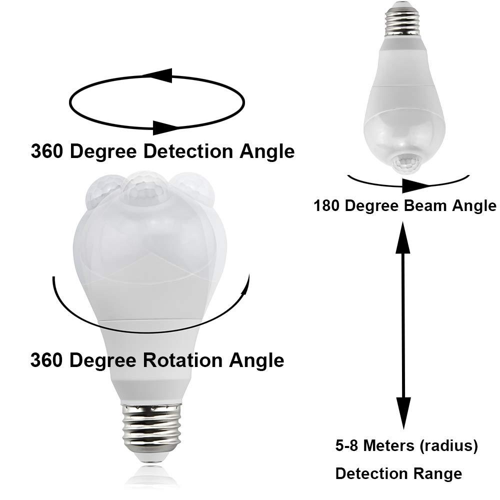 Aluxcia E26/E27 Motion Sensor LED Light Bulb 5W E26 PIR Motion Activated Lamp Adjustable Sensing Angle LED Night Light , 2-Pack