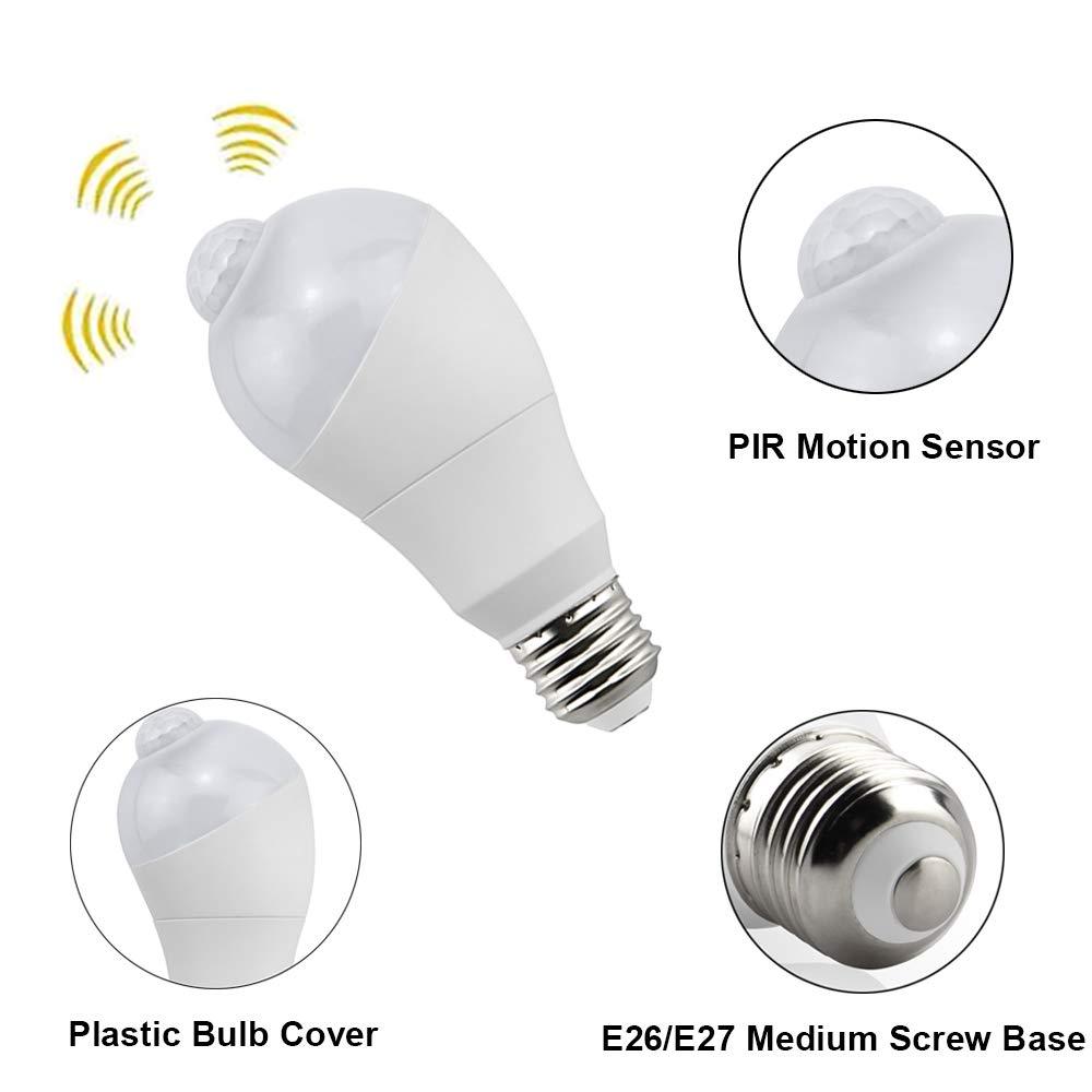 Aluxcia E26/E27 Motion Sensor LED Light Bulb 5W E26 PIR Motion Activated Lamp Adjustable Sensing Angle LED Night Light , 2-Pack