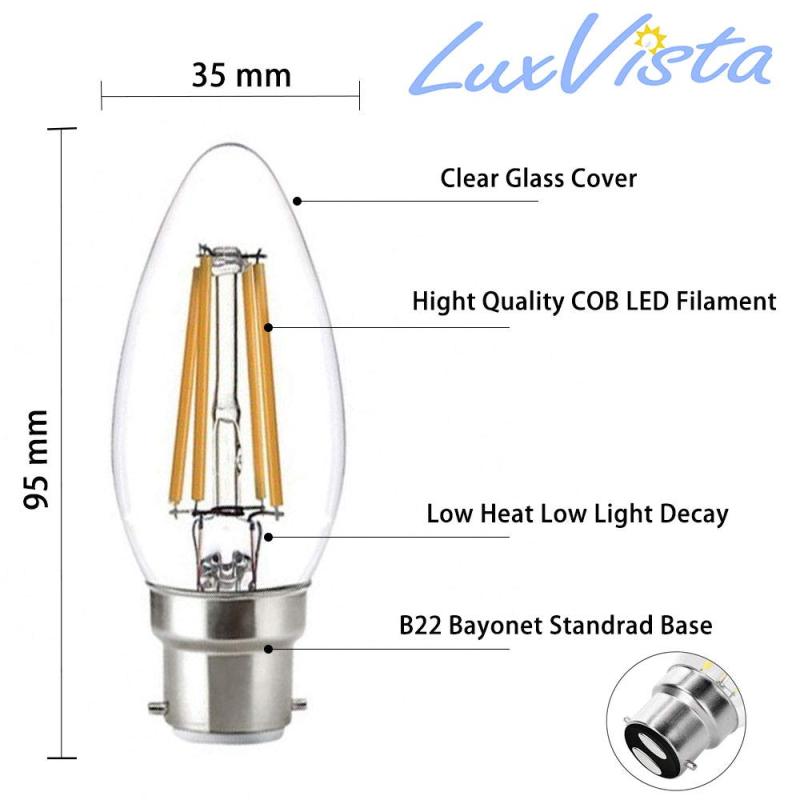 For UK 100% Free 4W C35 B22 LED Candle Filament Bulb Dimmable Small Bayonet Cap Candle Light Bulbs Equivalent 35-40W Incandescent Bulb