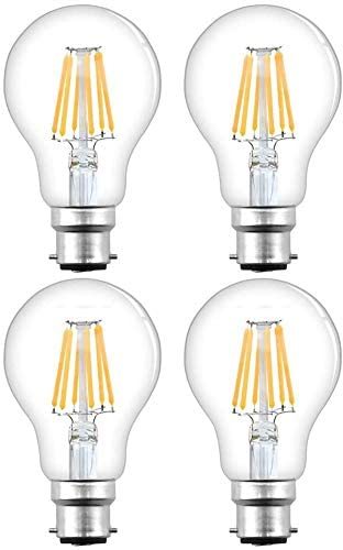 For UK 100% Free 4-Pack A60 B22 Dimmable LED Light Bulb 8W Bayonet BC Filament Bulb  70W Equivalent 750lm Warm White 2700K(4-Pack)