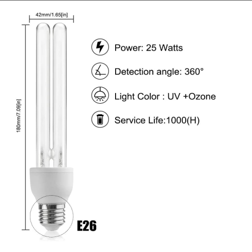 25W E27 UVC Germicidal Bulb with Ozone for Places less than 40㎡, Professional LED Ultraviolet Sterilization Domestic Germicidal Disinfection