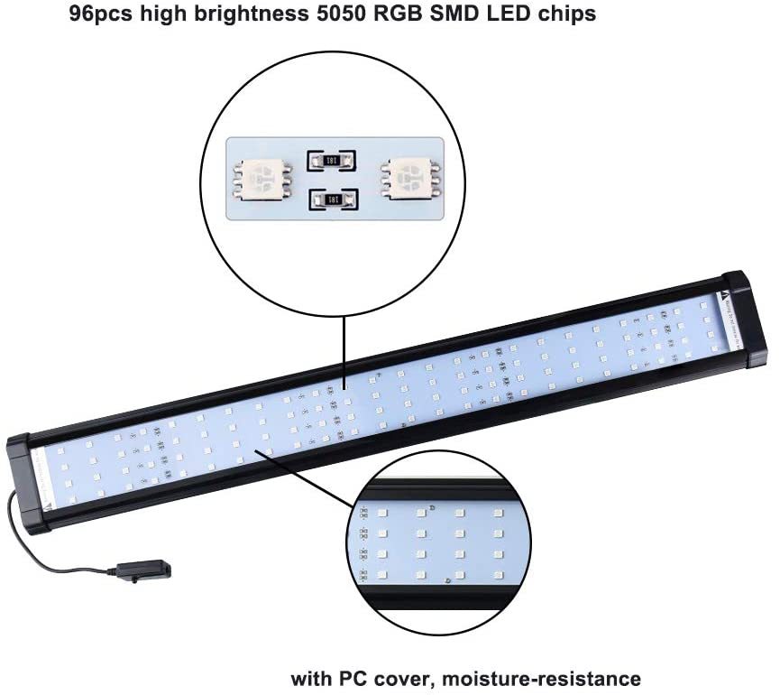 RGB LED Aquarium Light - Color Changing LED Fish Tank Hood Light with Extendable Brackets, Dimmable RGB LED Light