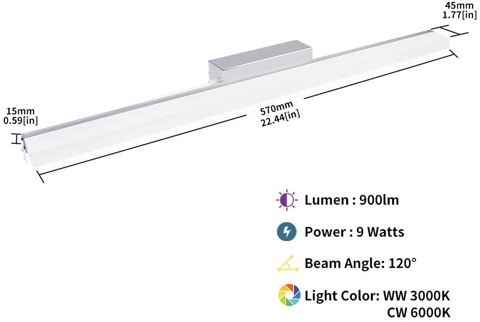 22.4”LED Bathroom Vanity Light Fixtures Over Mirror 9W Modern Bathroom Mirror Front Wall Lamp Stainless Steel Bath Vanity Lighting for Make Up Dressin