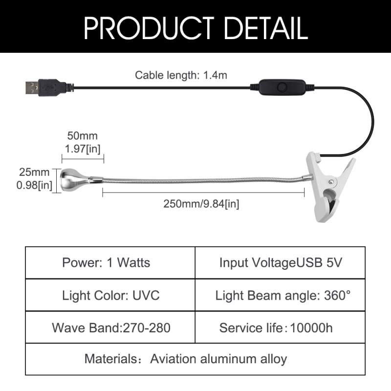 Flexible USB UVC Germicidal Lamp, UV Ozone Light Sterilizer Portable Ultraviolet Disinfection Lamp Air Purifier for Office Hotel Wardrobe Shoe Cabinet