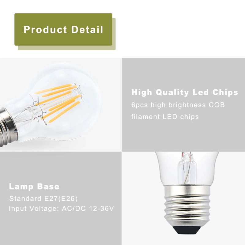 AC/DC 12-36V 6W E27 A60 RV Camper LED Light Bulb Antique Clear Glass Finish Filament Bulbs Equivalent 75W Halogen