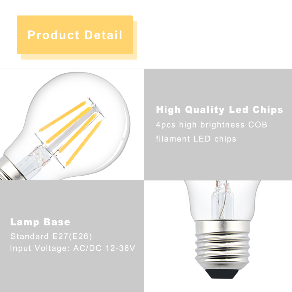 Edison light bulb A19 4W E27 vintage lamp filament illuminantAC / DC 12-36V 360 ° beam angle replacement to 50W(2-pack)