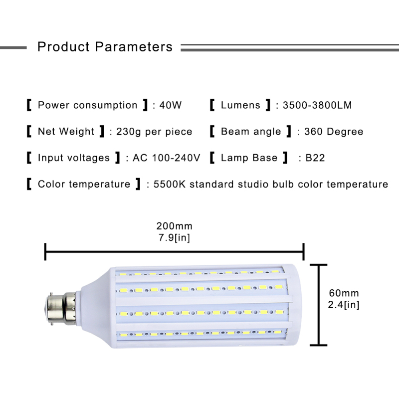 40W B22 Bayonet LED Energy Saving Bulb Corn Light Equivalen 200W CFL / 350W Halogen BC Bayonet Cap (B22d) Full Spectrum 3500 Lumens