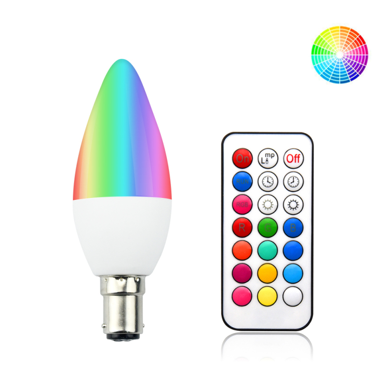 Colour Changing RGB B15 Dimmable LED Candle Bulb 3W, Small Bayonet Cap, 12 Color, Memory &amp; Timing Function, RGBW Coloured SBC LED Candle Light Bulb