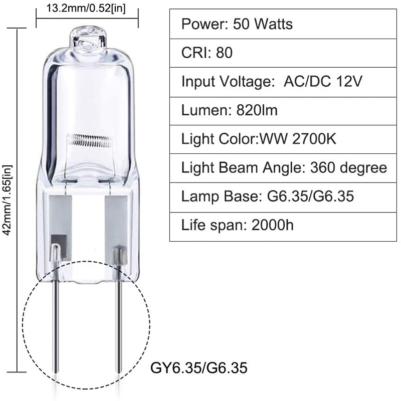 50W Dimmable G6.35/GY6.35 Halogen Capsule Bulbs 12V Bi-pin Base