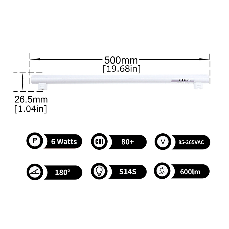 6W LED S14s Linear Tubular Vanity Mirror Light 50cm(19.69 Inches) 60W Incandescent Bulb Equivalent