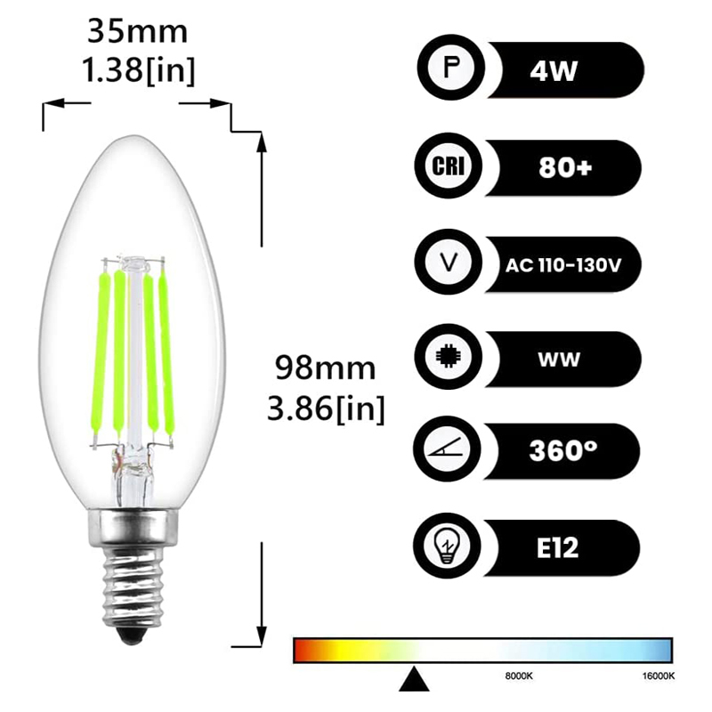 4W E12 Dimmable C35 LED Candelabra Filament Bulb for Bars Party Chandelier Holiday Decoration (3-Pack)