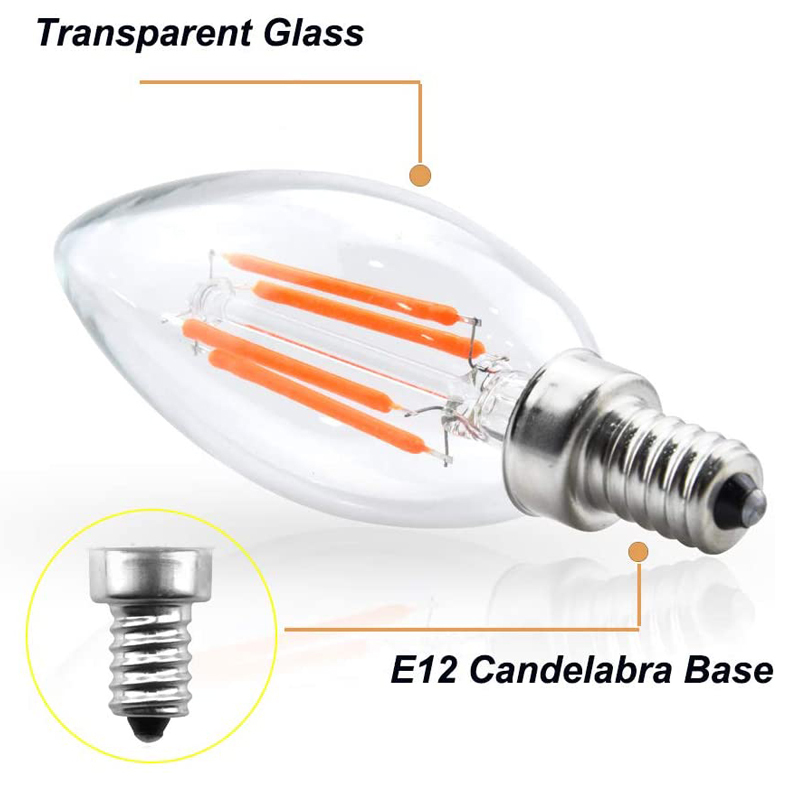 4W E12 Dimmable C35 LED Candelabra Filament Bulb for Bars Party Chandelier Holiday Decoration (3-Pack)