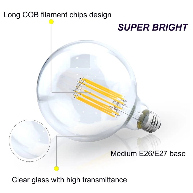 G40/G125 LED Dimmable Edison Vintage Filament Bulb 12W E26/E27 Base Long COB Filament LED Clear Glass Globe Light 130W Incandescent Equivalent