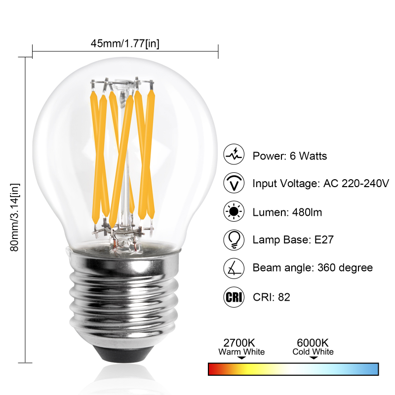 6W E27 G45/P45 ES LED Classic LED vintage Filament light Bulb, 60W Equivalent,(4 packs)