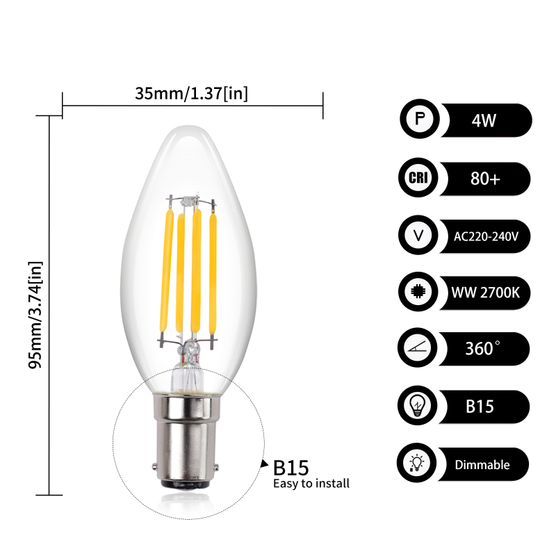 4W  B15 C35 LED Vintage Filament Light Bulbs Warm White 2700K, 40W Incandescent Equivalent(6 packs)