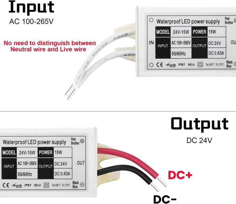 DC24V 15W LED Power Supply Waterproof IP67 Transformer Driver Converter 120V AC to 24V DC Constant Voltage Outdoor (2 packs)