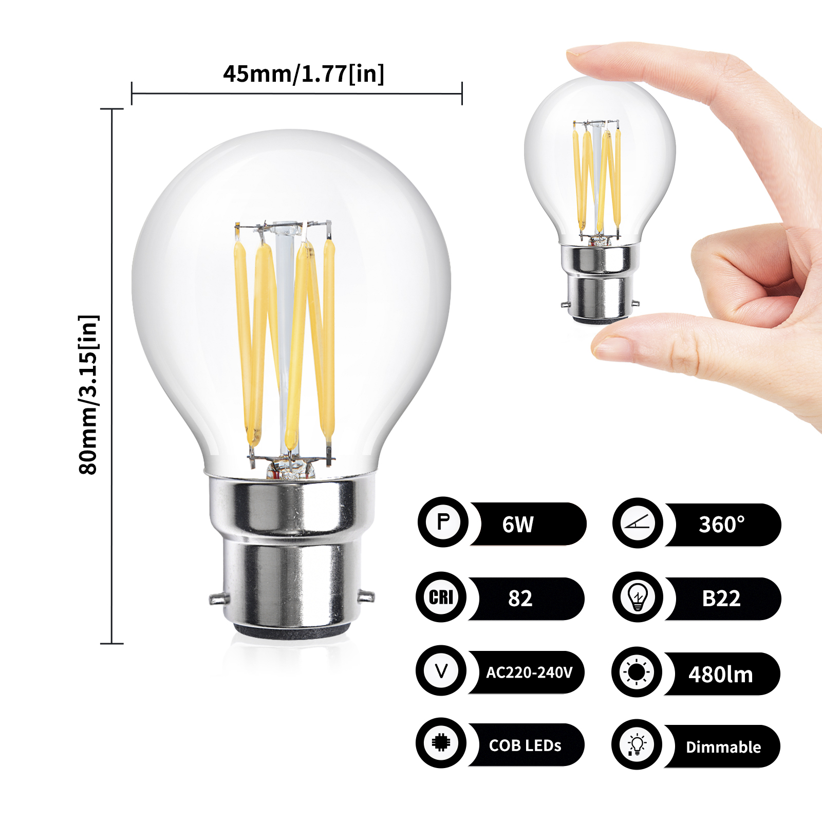 5.8W Dimmable G45 B22 Mini Globe Bayonet Clear Light Vintage Light Bulbs,  40W Halogen Equivalent(4 packs)