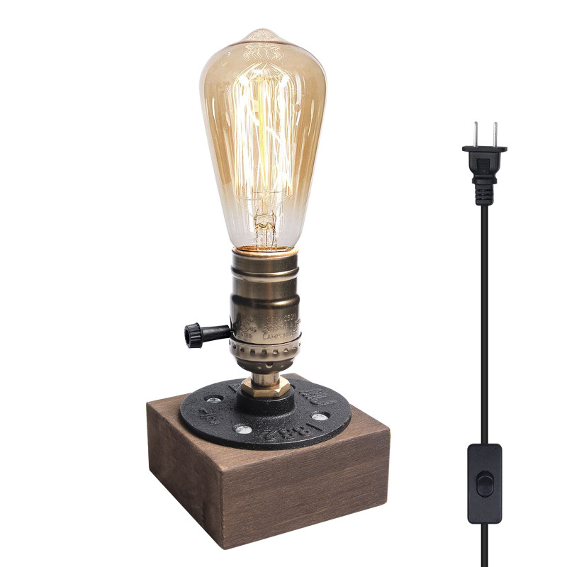 E27 Vintage Wooden Table Lamp Base, Industrial Desk Lamp Holder with UK Plug/US Plug  for Cafe Bar Bedroom Living Dining Room Decoration (Bulb Not Inc