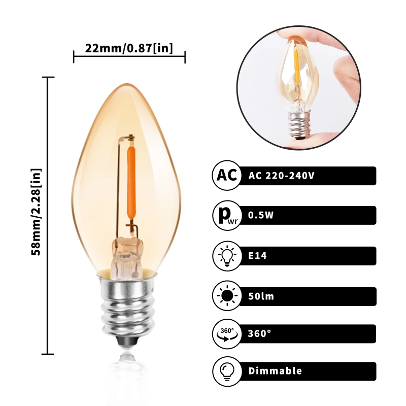 0.5W E14 C7 Ultra Warm White 2200K Vintage Filament Night Light Bulb (6 packs)
