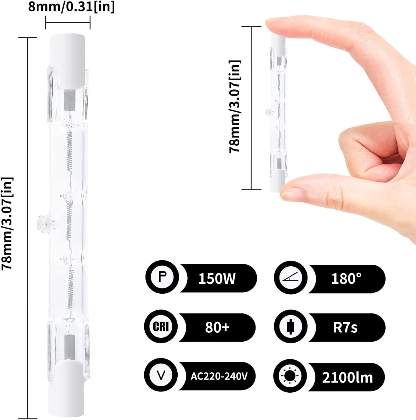 78mm 150W Dimmable J Type J78 Warm White 2800K 2100lm R7s Bulbs Halogen Rod Lamp (5 packs)