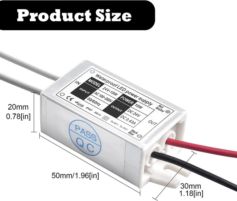 DC24V 15W LED Power Supply Waterproof IP67 Transformer Driver Converter 120V AC to 24V DC Constant Voltage Outdoor (2 packs)