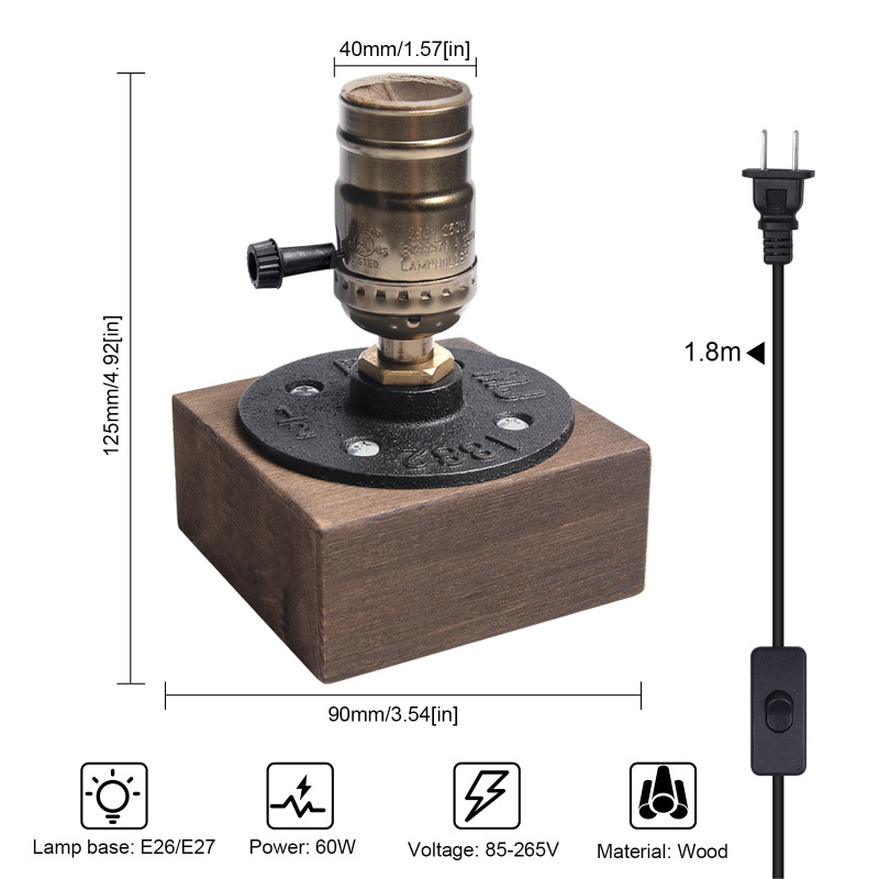 E27 Vintage Wooden Table Lamp Base, Industrial Desk Lamp Holder with UK Plug/US Plug  for Cafe Bar Bedroom Living Dining Room Decoration (Bulb Not Inc