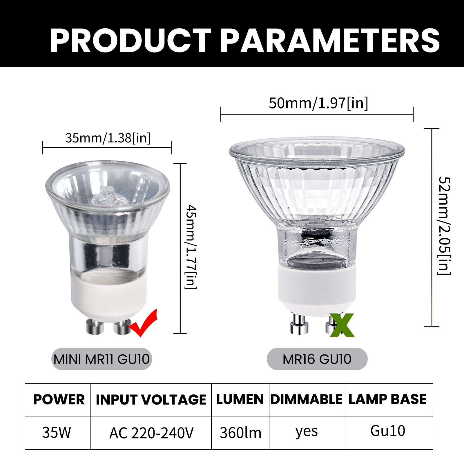 Mini 35W GU10 Halogen Bulbs 200-240V (8 packs)