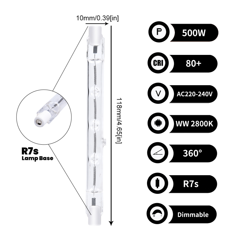 500W Dimmable 118mm J Type R7s Halogen Bulb Warm White 2800K, 11000 Lumen, AC 220-240V, for Ceiling Lights, Floor Lamps, Landscape Lighting( 5 packs)