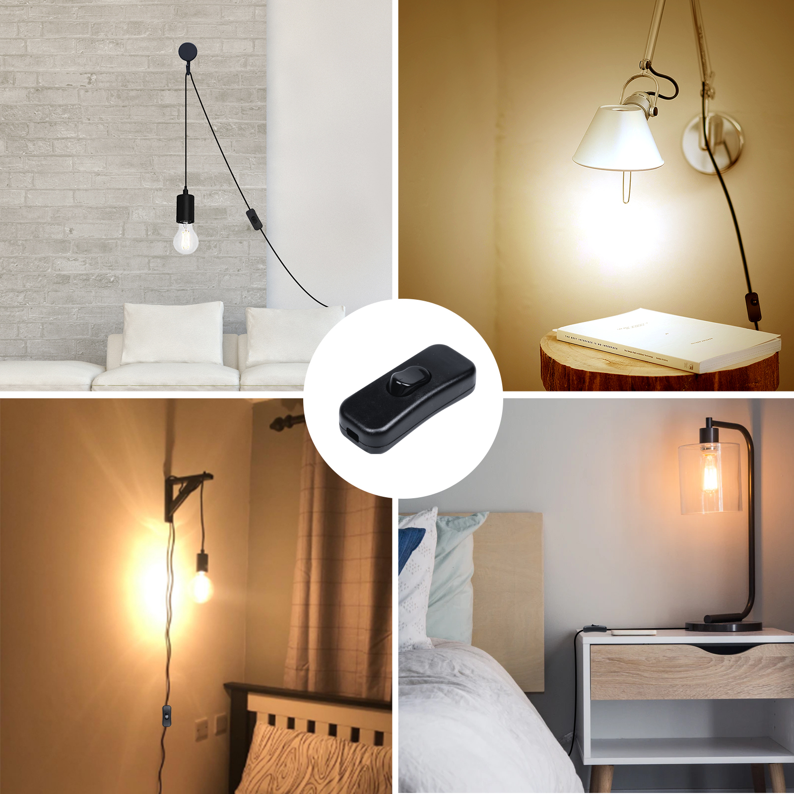 Inline Cord Switch Black 240V 2A Torpedo Switch Control Cable Line Switch Feed-Through Rocker Switch for Table Lamp Desk Light (3-pack)