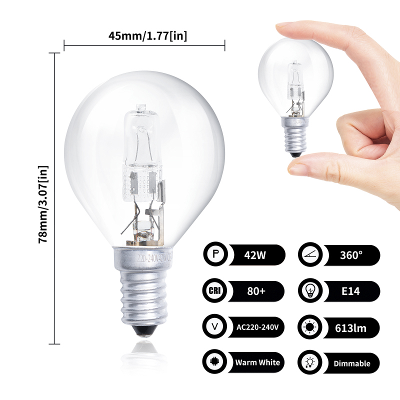 42W G45 E14 Dimmable Halogen Bulb, Classic Mini 2700K Warm White, for Ceiling Fans, Chandeliers, Pendant Lights (10-Pack)