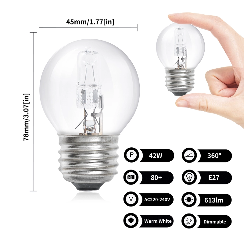 42W G45 E27 Dimmable Halogen Bulb, Classic Mini 2700K Warm White, for Ceiling Fans, Chandeliers, Pendant Lights (10-Pack)