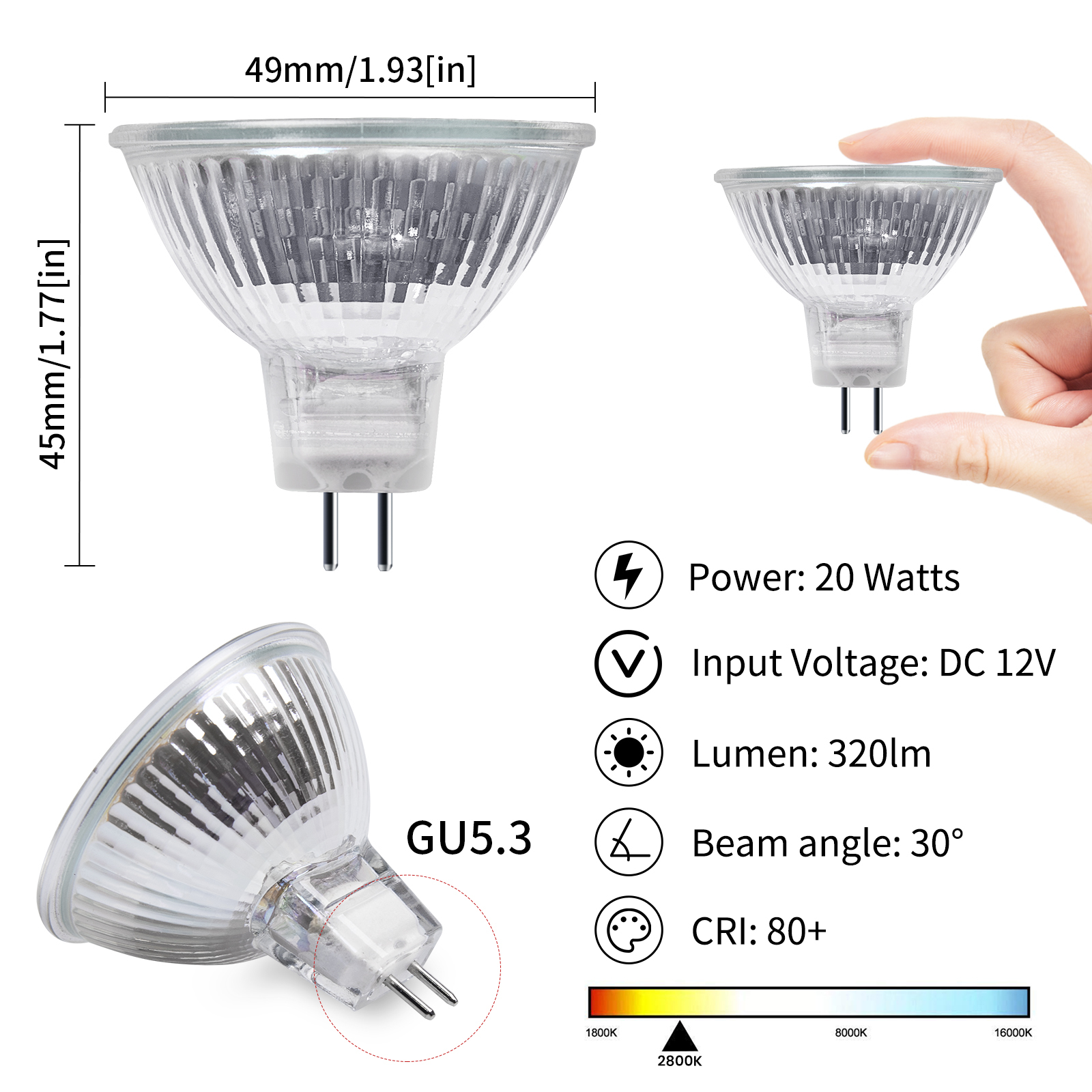 Dimmable 20W 2 Pin 12V MR16 GU5.3 Halogen Spotlight Bulbs Warm White 2800K 30° Beam Angle for Ceiling Light Downlight Lighting (8-Pack)