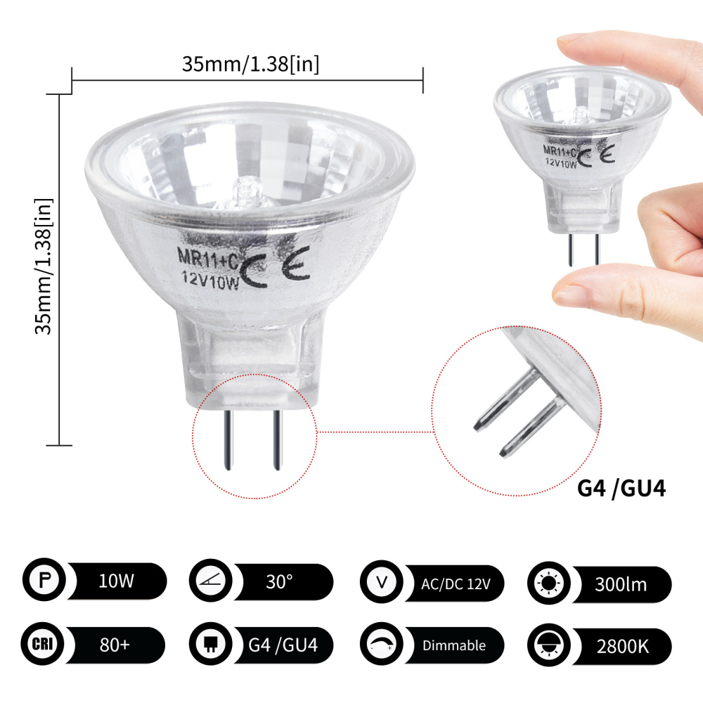 Dimmable 10W 2 Pin 12V MR11 GU4 Halogen Spotlight Bulbs Warm White 2800K 30° Beam Angle for Ceiling Light Downlight Lighting (4-Pack)