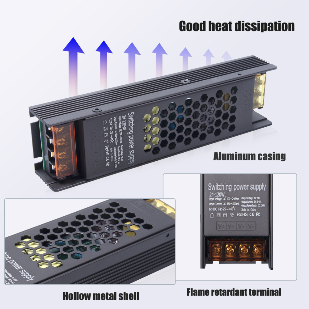 120W LED Power Supply, AC 100-240V to DC 24V LED Transformer for LED Strip Lights CCTV Computer Project LED Display（1-pack）