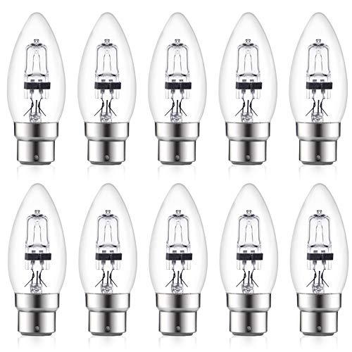 42W C35 B22 Dimmable Halogen Light Bulb, Warm White 2700K, Classic Clear Glass Light Bulb for Chandeliers, Ceiling Fixture(10-PACK)