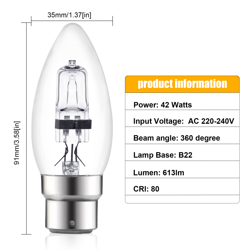 42W C35 B22 Dimmable Halogen Light Bulb, Warm White 2700K, Classic Clear Glass Light Bulb for Chandeliers, Ceiling Fixture(10-PACK)