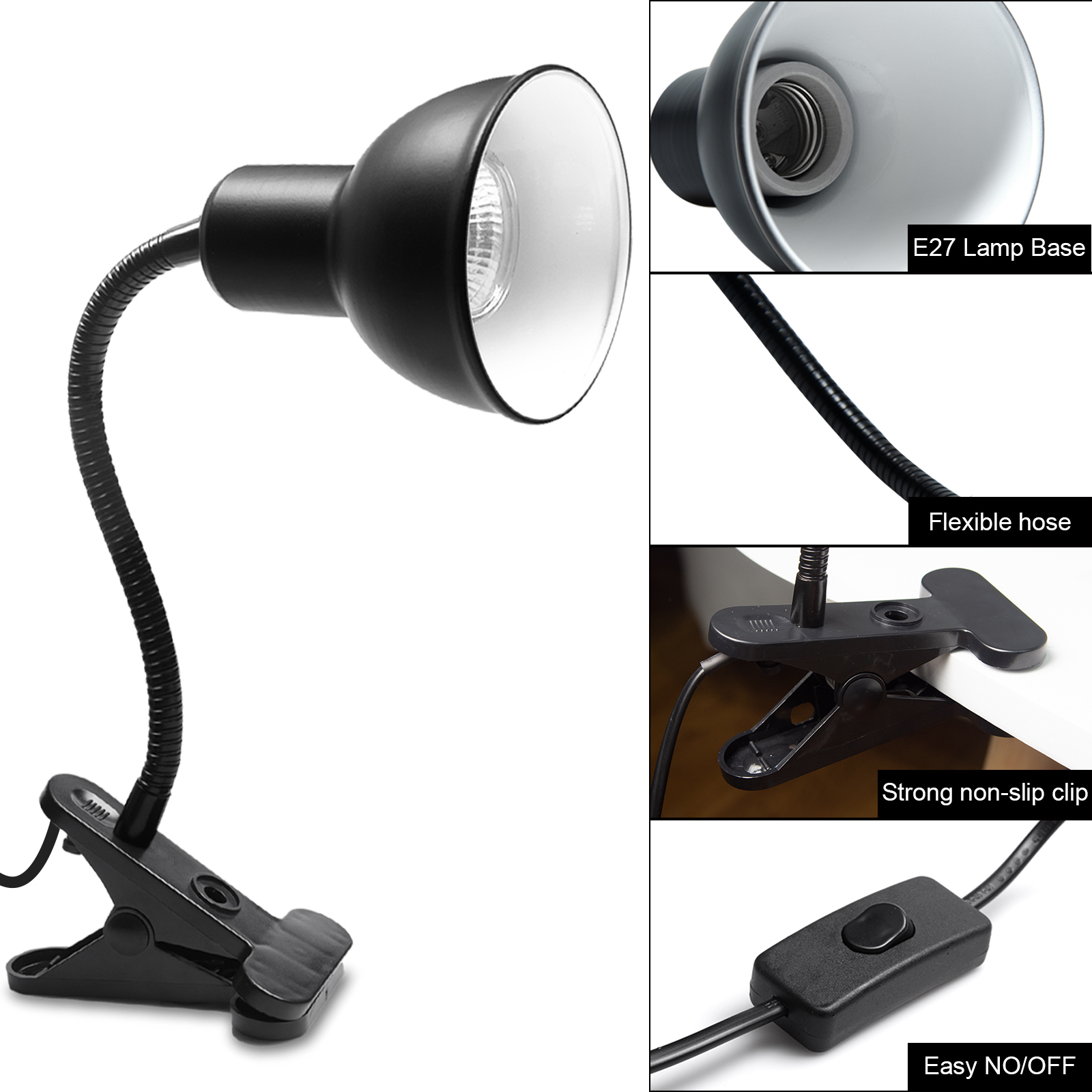Reptile Heat Lamp with 25W E27 UVA+UVB Basking Light, Heat Spotlight Holder Clamp Lamp Fixture with 360° Rotating Neck & UK Plug(1-pack)